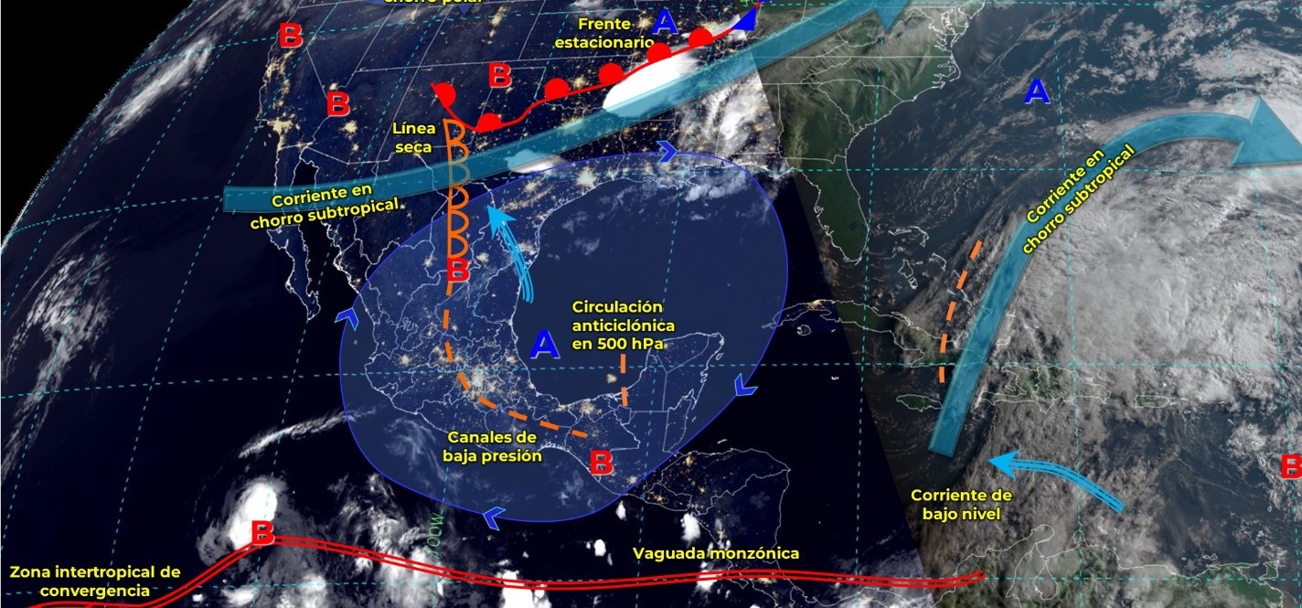 La circulación anticiclónica posicionada en niveles medios de la atmósfera mantendrá la ‘Tercera Onda de Calor’ de la temporada sobre territorio mexicano.