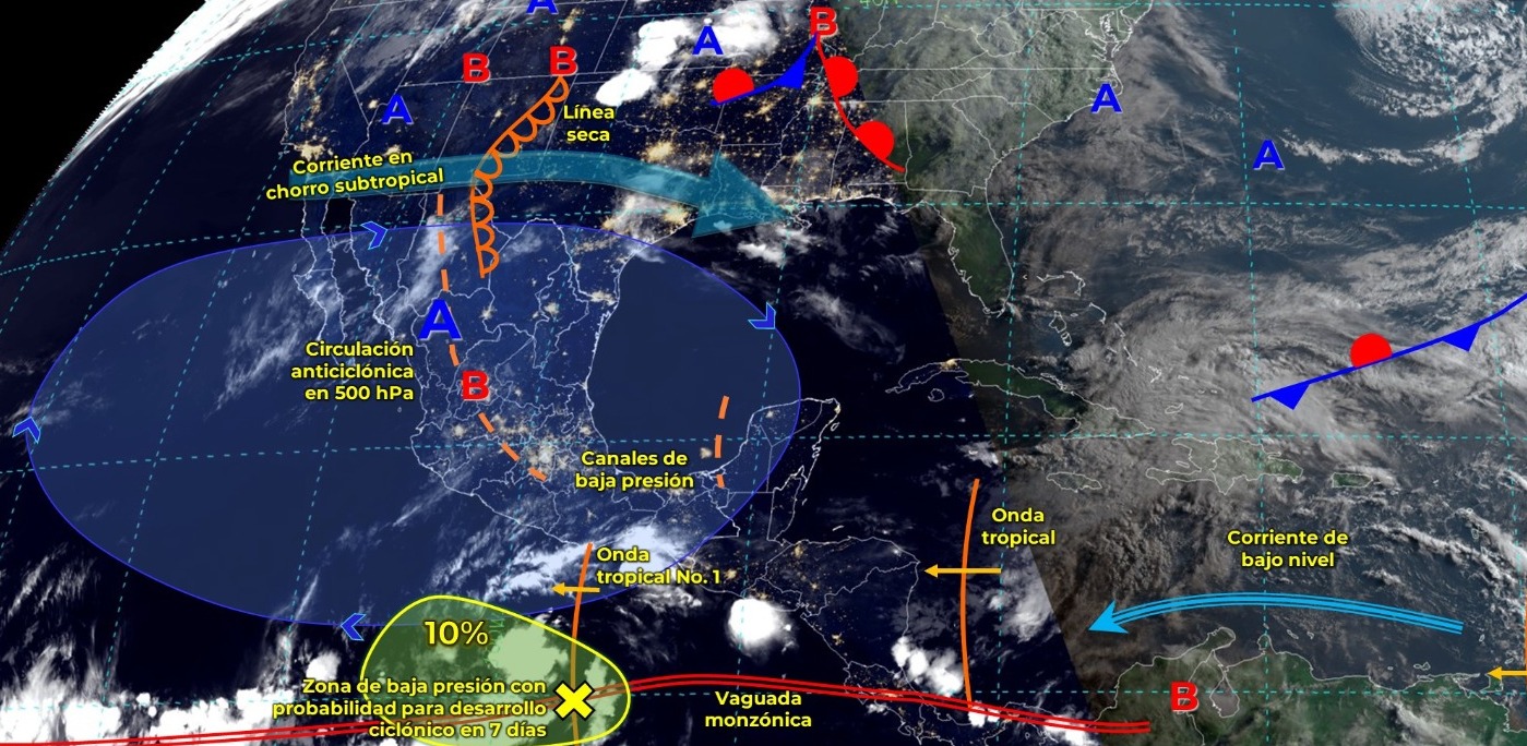 Tercera onda de calor de la temporada sobre el territorio mexicano, con temperaturas superiores a los 45 °C en once entidades del país.