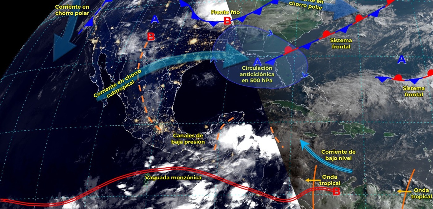 SE PRONOSTICAN LLUVIAS MUY FUERTES A INTENSAS EN EL SURESTE DEL PAÍS Y PENÍNSULA DE YUCATÁN.