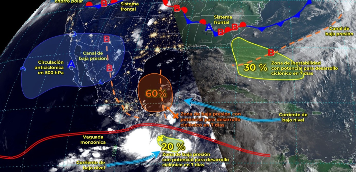 TEMPORAL DE LLUVIAS INTENSAS A PUNTUALES TORRENCIALES EN EL ORIENTE Y SURESTE DEL PAÍS, ADEMÁS DE LA PENÍNSULA DE YUCATÁN.