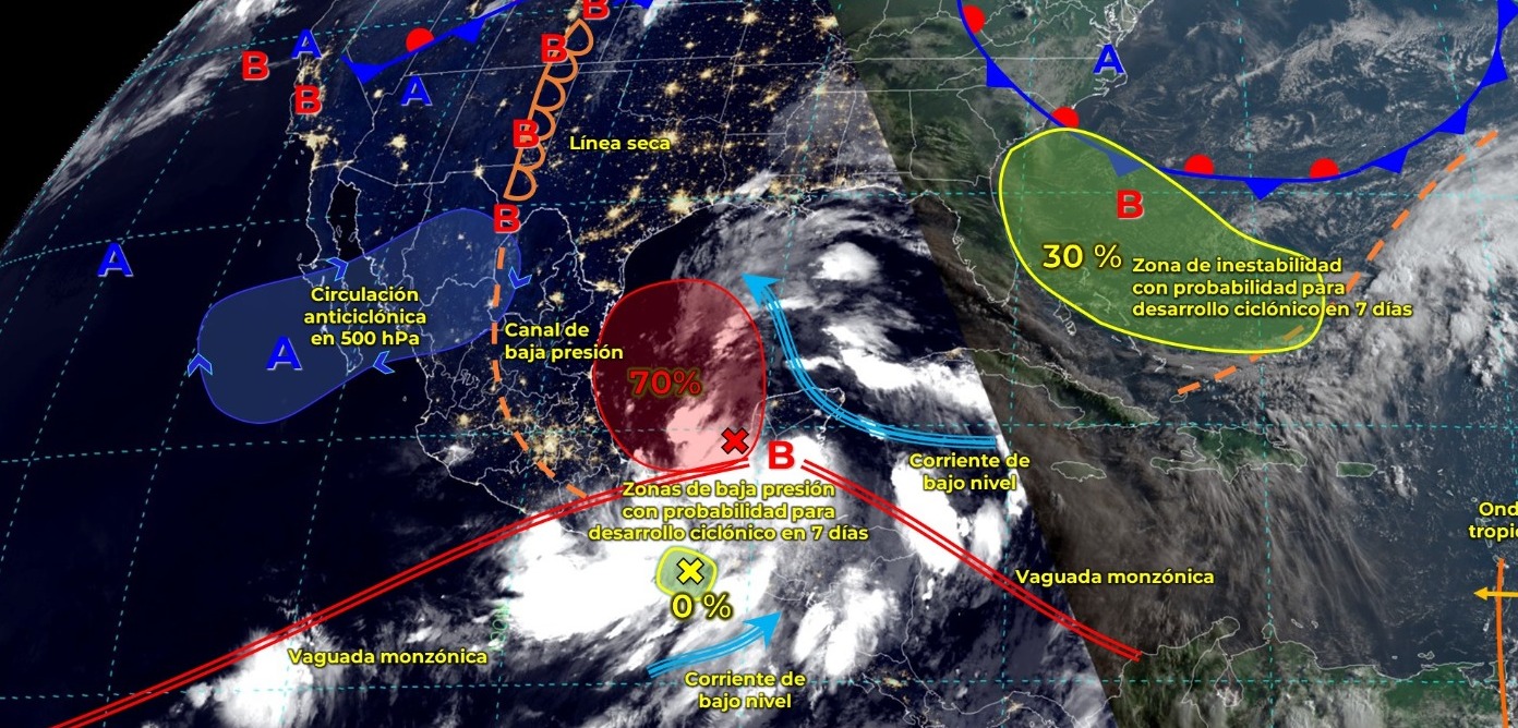 CONTINUARÁ EL TEMPORAL DE LLUVIAS PUNTUALES INTENSAS A TORRENCIALES EN EL ORIENTE Y SURESTE DEL PAÍS, ADEMÁS DE LA PENÍNSULA DE YUCATÁN.