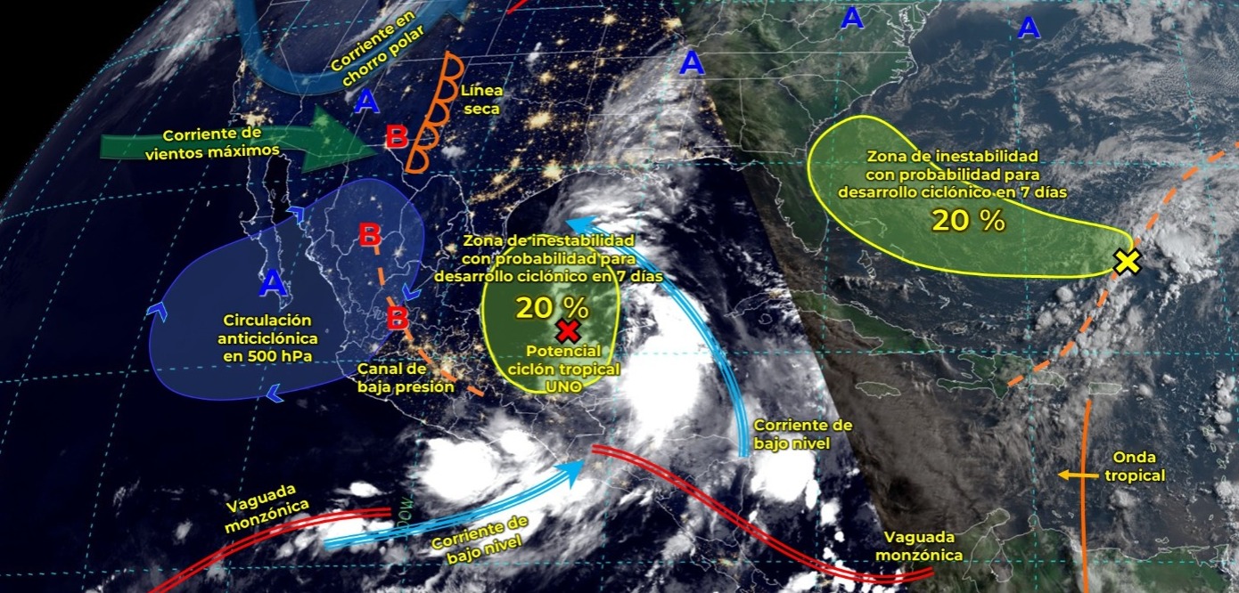 SE MANTENDRÁ EL TEMPORAL DE LLUVIAS PUNTUALES INTENSAS EN EL NORESTE, ORIENTE Y SURESTE DEL PAÍS, ADEMÁS DE LA PENÍNSULA DE YUCATÁN.