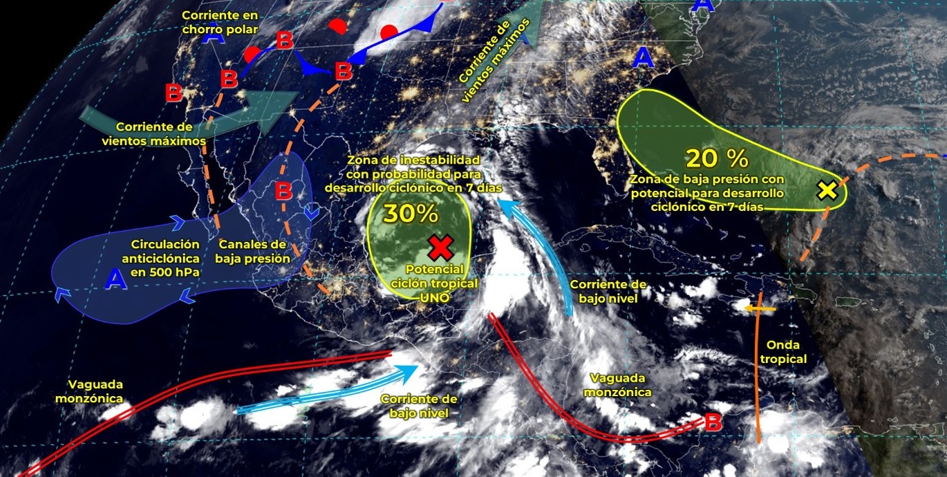 SE PRONOSTICAN LLUVIAS PUNTUALES FUERTES A INTENSAS EN ENTIDADES DEL NORTE, CENTRO, SUR, SURESTE Y PENÍNSULA DE YUCATÁN.