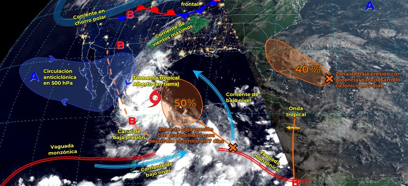 La vaguada monzónica se extenderá sobre el Pacífico Sur Mexicano, prevaleciendo el temporal de lluvias muy fuertes a puntuales intensas en el sur y sureste mexicano, además de la Península de Yucatán.
