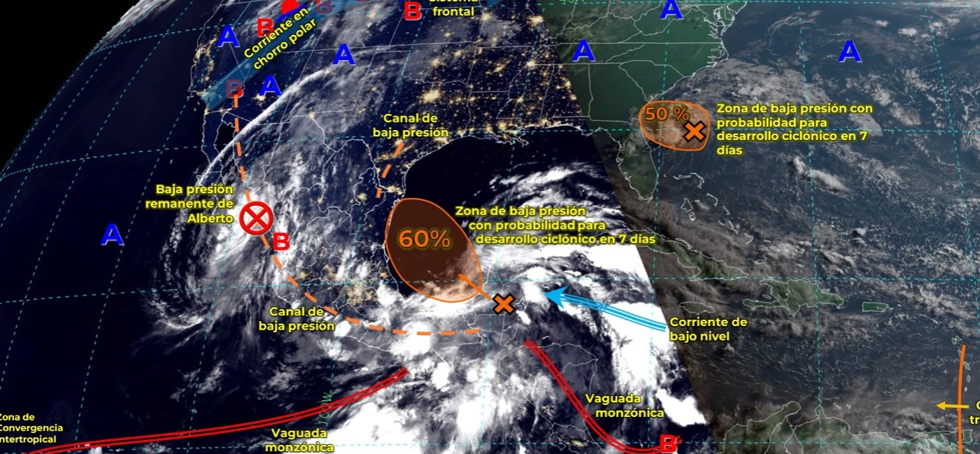 Un canal de baja presión sobre el noreste del país, junto con el ingreso de humedad del Golfo de México, producirán lluvias puntuales torrenciales.