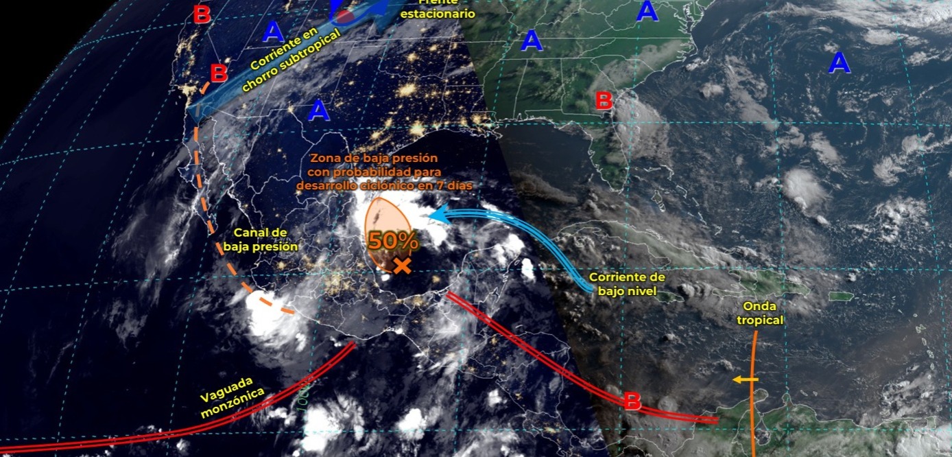Vaguada monzónica que se extiende sobre el Pacífico Sur Mexicano y con inestabilidad atmosférica superior, producirá lluvias muy fuertes a puntuales intensas en el oriente y sureste del país, además de la Península de Yucatán.