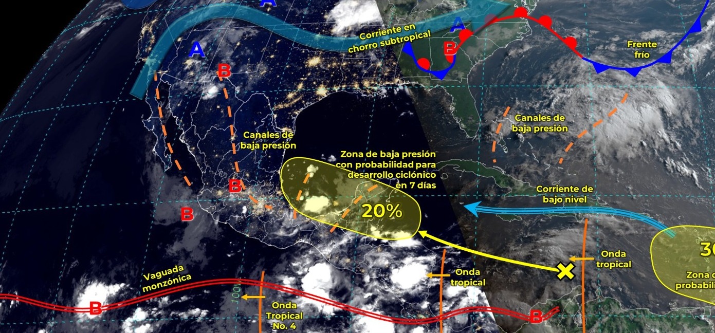 Canal de baja presión sobre la Península de Yucatán y el sureste mexicano, propiciarán lluvias puntuales en Tabasco.