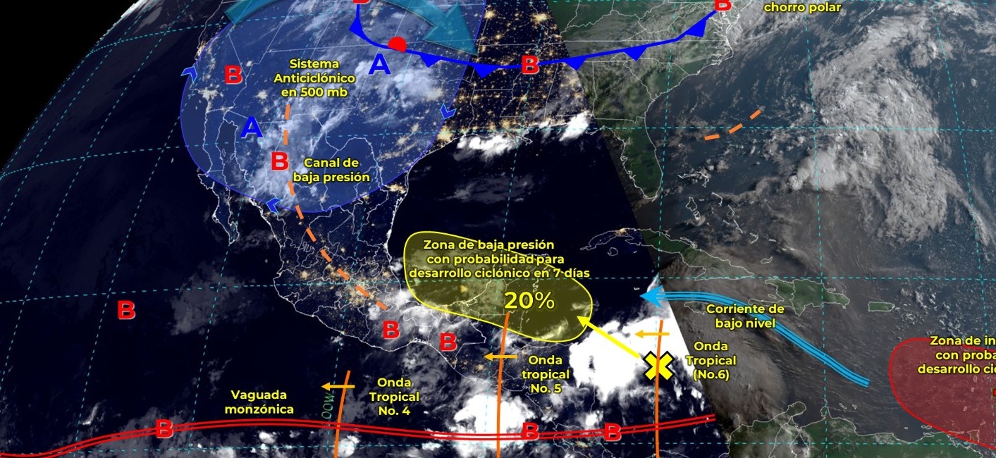 La Onda tropical No. 5 localizada al sur de la Península de Yucatán, se desplazará gradualmente sobre el sureste mexicano y generará lluvias puntuales.