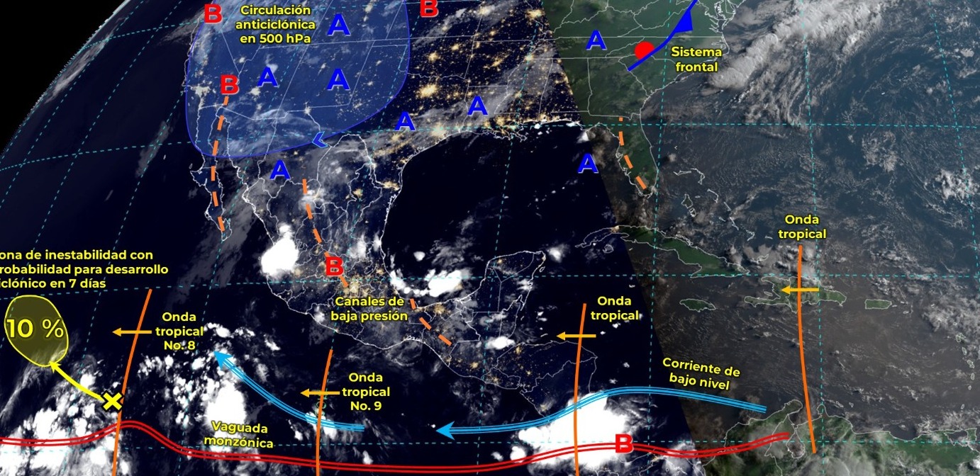 SE PREVÉN LLUVIAS PUNTUALES MUY FUERTES EN EL NOROESTE, NORTE, OCCIDENTE, SUR Y SURESTE DE MÉXICO.