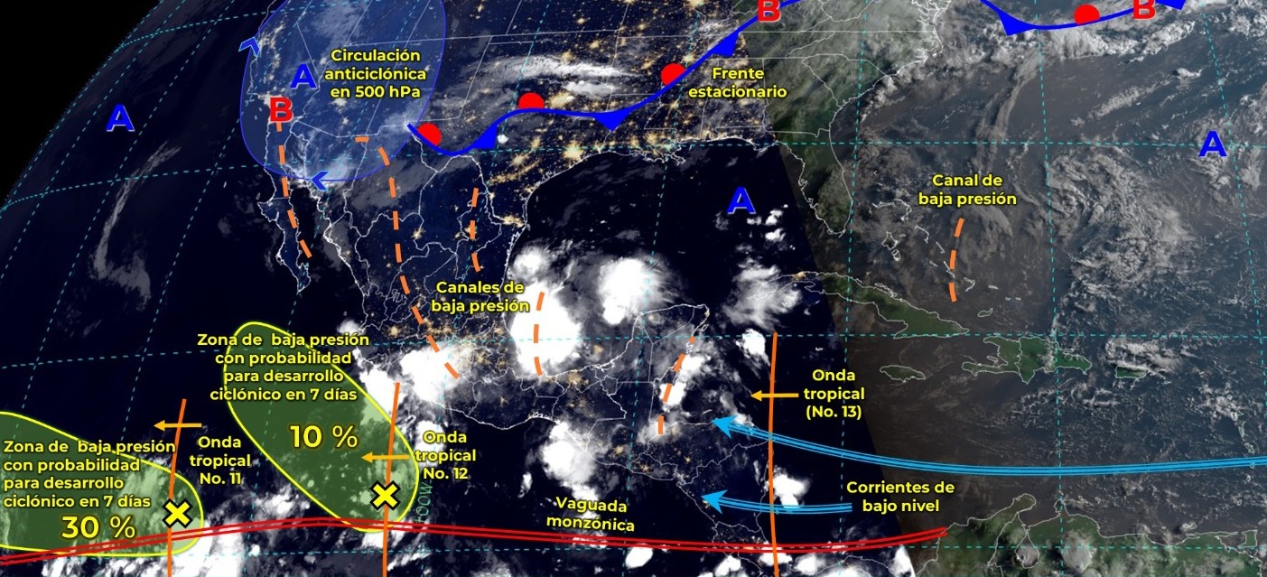 LLUVIAS PUNTUALES INTENSAS EN ZONAS DEL NORESTE, OCCIDENTE, CENTRO, SUR Y SURESTE DE MÉXICO.