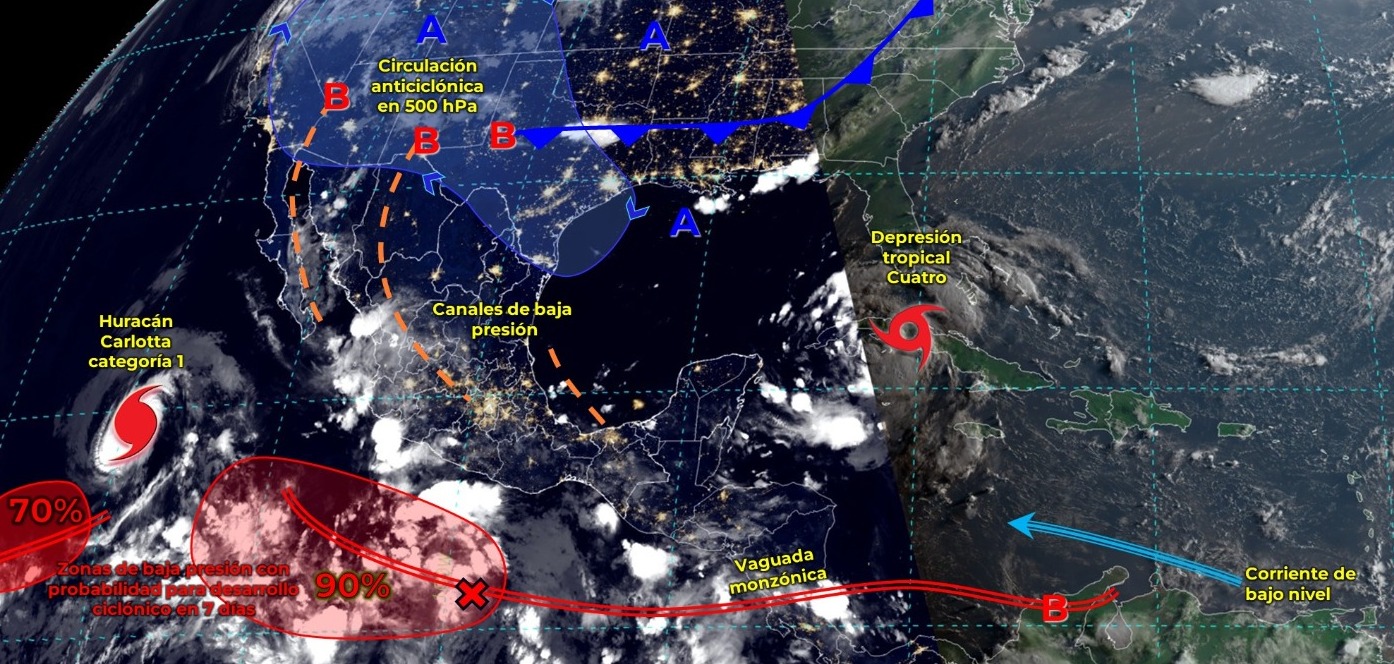 LLUVIAS PUNTUALES MUY FUERTES EN JALISCO, MICHOACÁN, GUERRERO, OAXACA, CHIAPAS, VERACRUZ Y TABASCO.