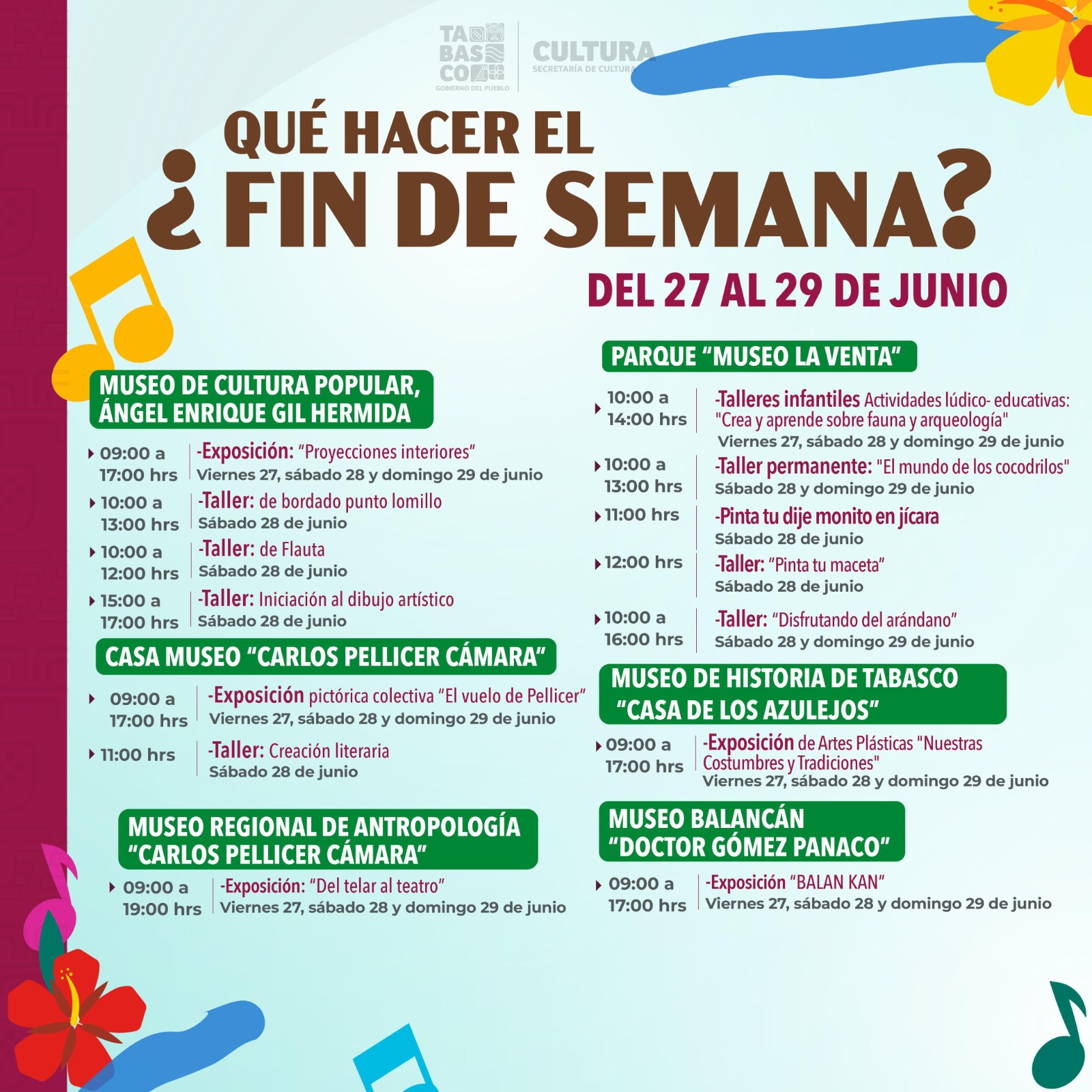 Fin de semana cultural en Tabasco: talleres, cine, ciencia y tradición.