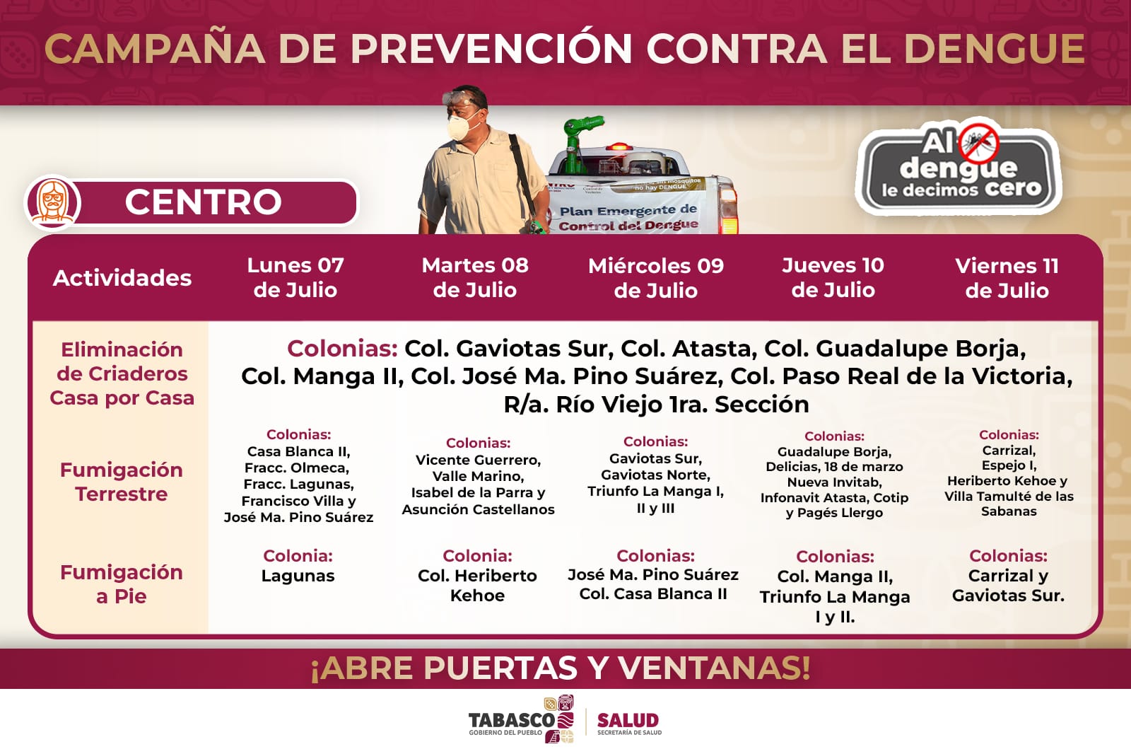 Continuarán los Operativos de Fumigación Terrestre y Eliminación de Criaderos de Mosquitos Casa por Casa en los 17 municipios del Estado.