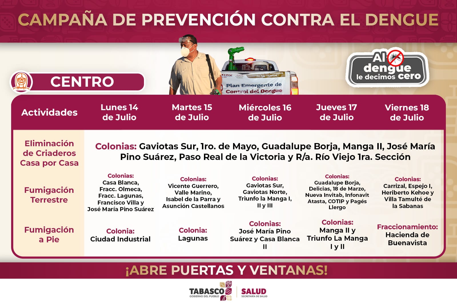 Continuarán los Operativos de Fumigación Terrestre y Eliminación de Criaderos de Mosquitos Casa por Casa en los 17 municipios del Estado.