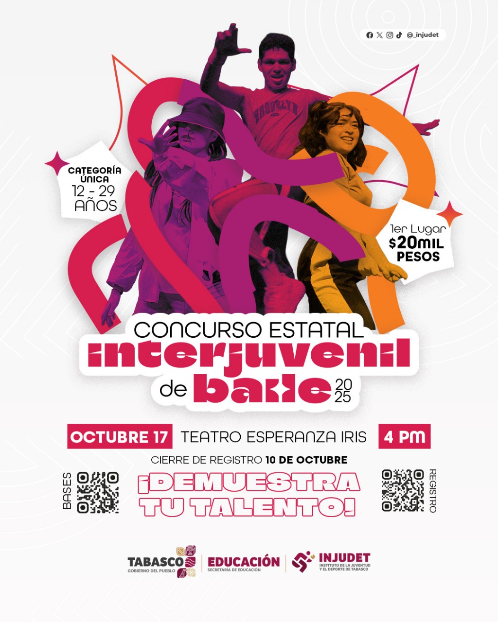 INJUDET invita a jóvenes tabasqueños al Concurso Estatal Interjuvenil de Baile 2025.