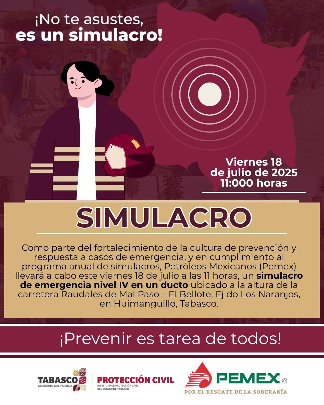 Simulacro de emergencia en ducto de Pemex, Huimanguillo.
