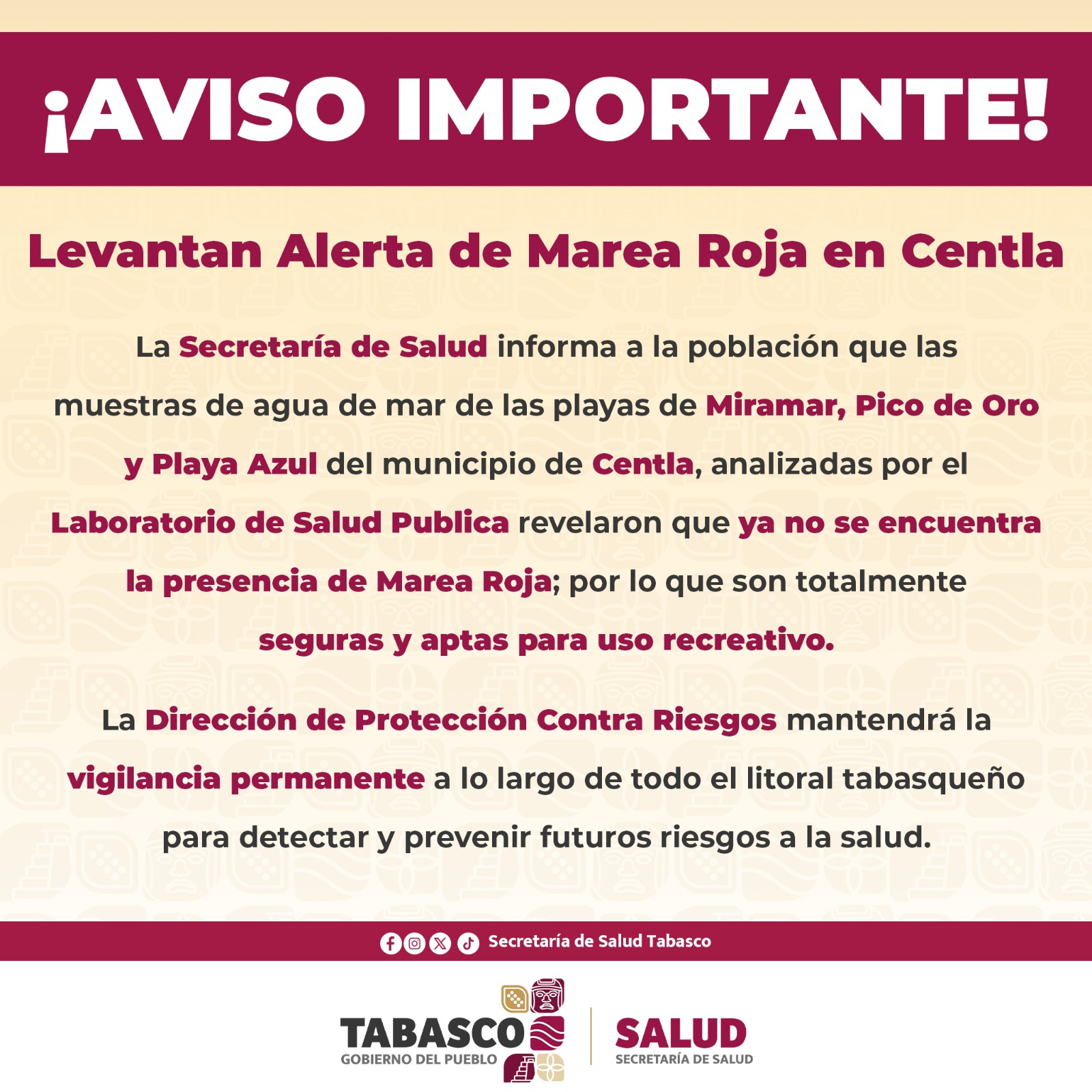 Levanta Secretaría de Salud alerta de Marea Roja en Playas de Centla.