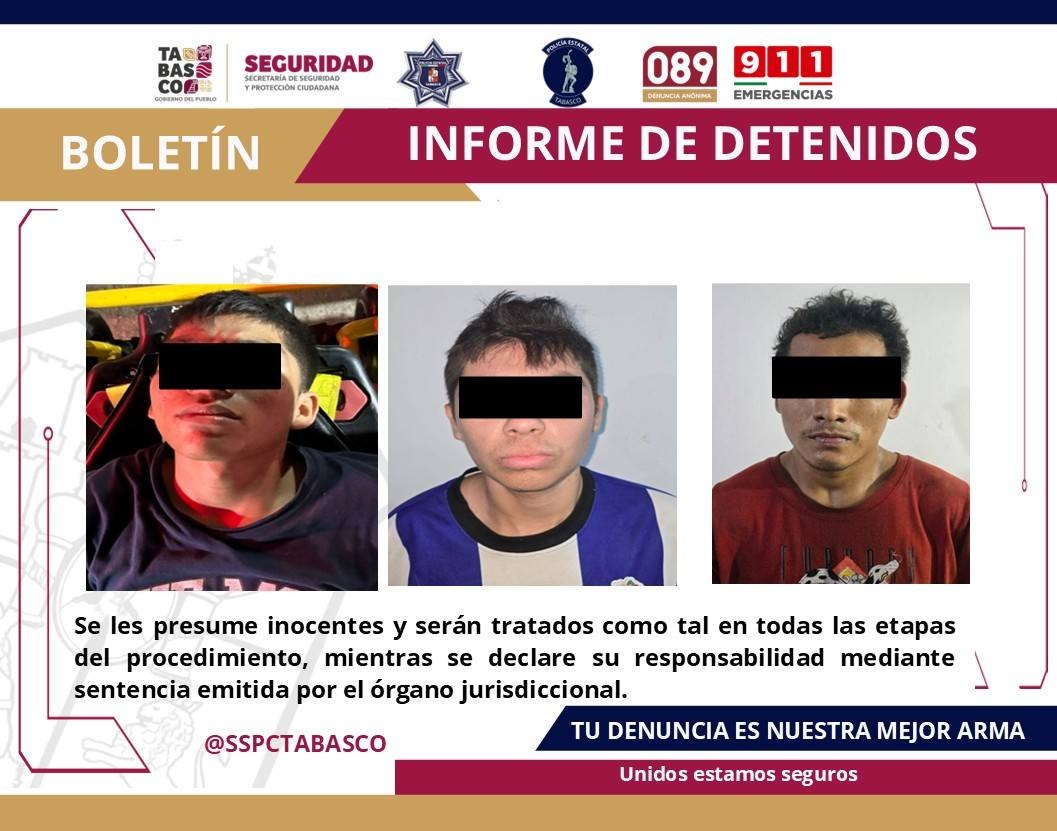 FIRT Olmeca detiene a tres personas por los delitos contra la salud y portación de arma de fuego y explosivo.