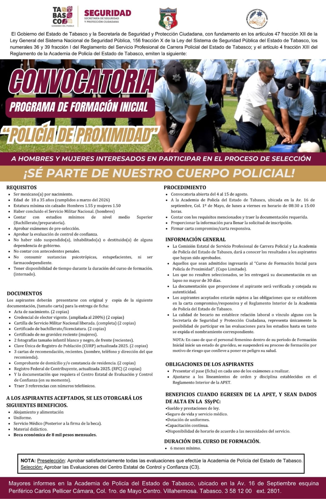 SSPC Tabasco lanza convocatoria para Policía de Proximidad y Policía Penitenciario.