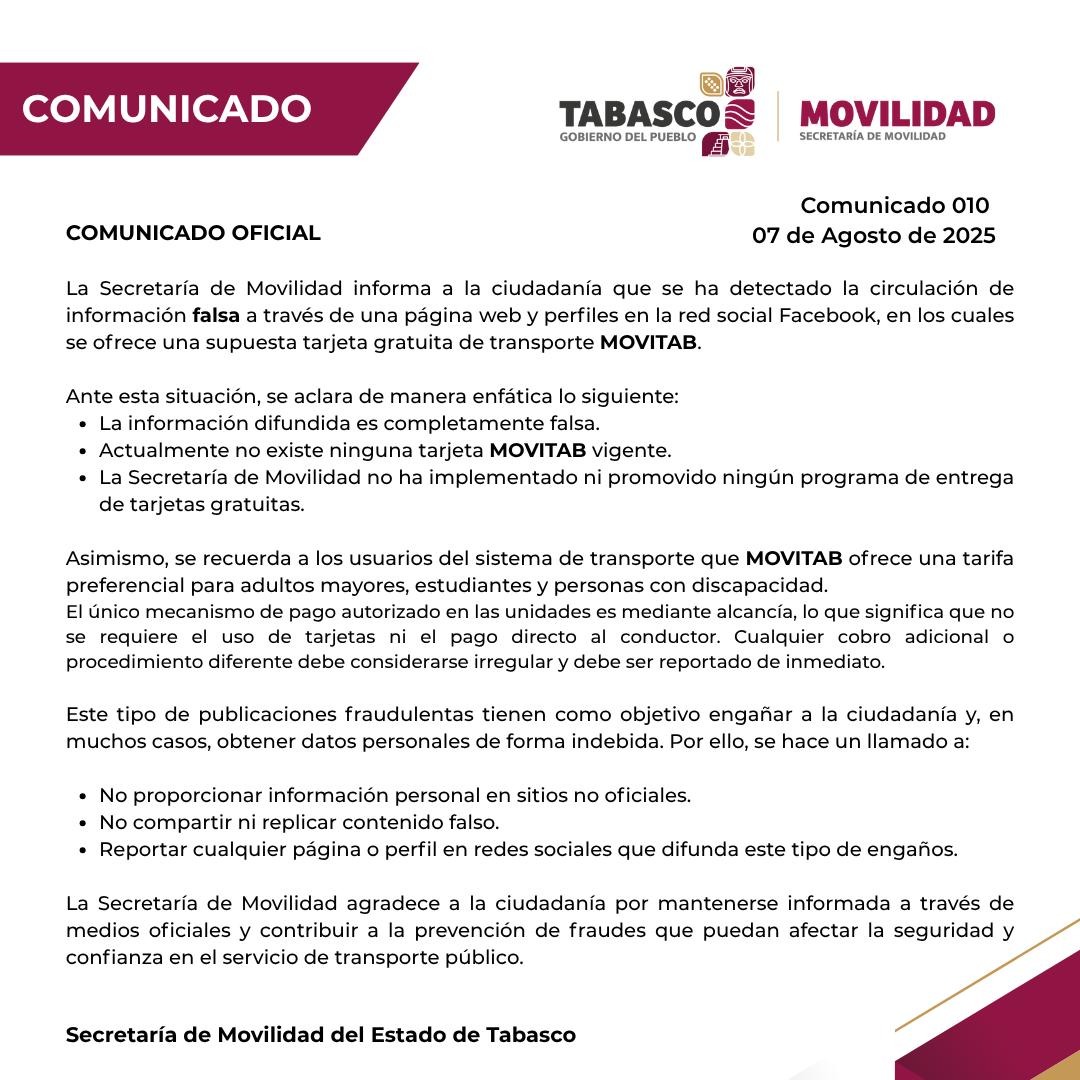 La Secretaría de Movilidad emite Comunicado sobre falsa tarjeta gratuita de MOVITAB.