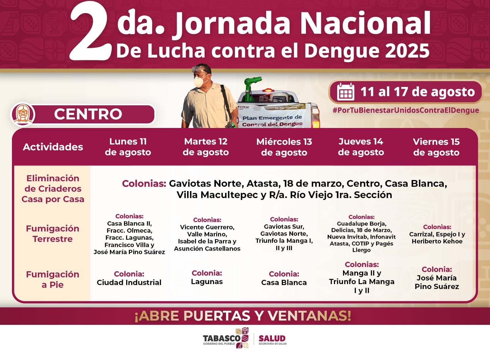 Del 11 al 15 de Agosto, se continuarán los operativos de fumigación terrestre y eliminación de criaderos de mosquitos casa por casa: Salud Tabasco.