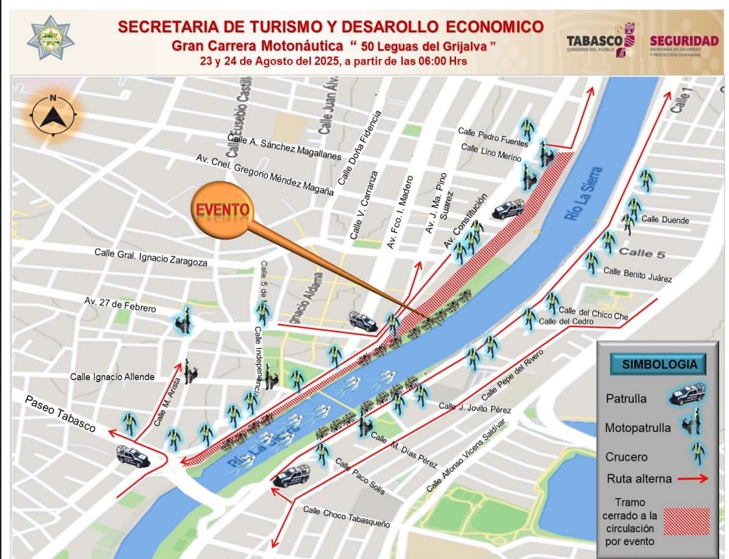 SSPC implementará cierres viales con motivo de la “Gran Carrera Motonáutica – 50 Leguas del Grijalva”.
