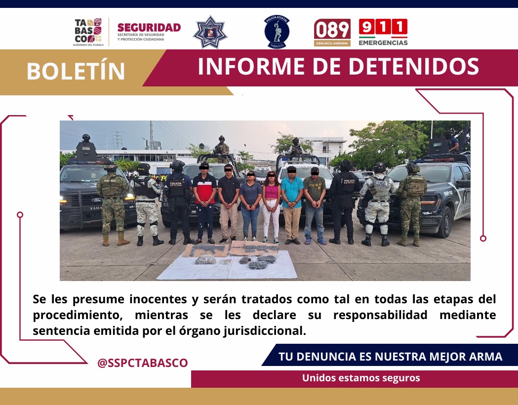 SSPC y FIRT Olmeca aseguran a seis presuntos responsables de delitos contra la salud y portación de armas en Cárdenas.