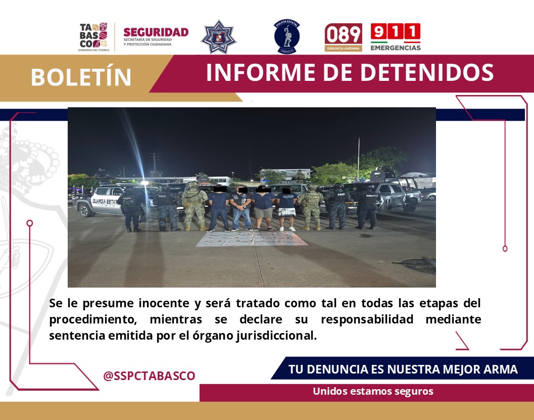 Detiene la SSPC a cuatro masculinos en Centro.