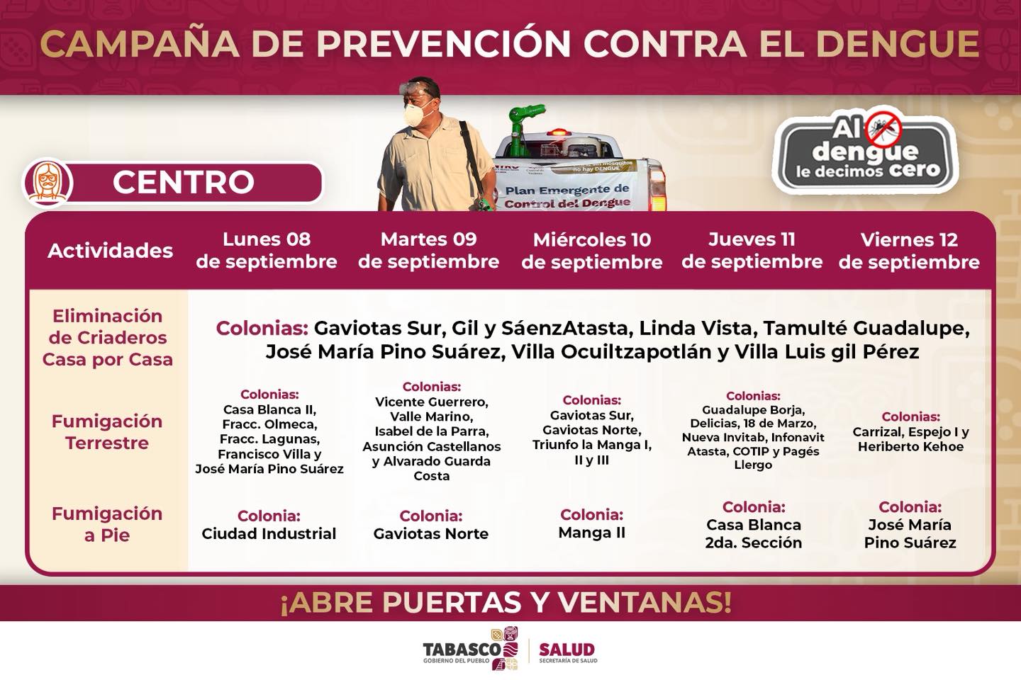 Continúa Salud con la campaña de fumigación terrestre y eliminación de criaderos en el Estado.