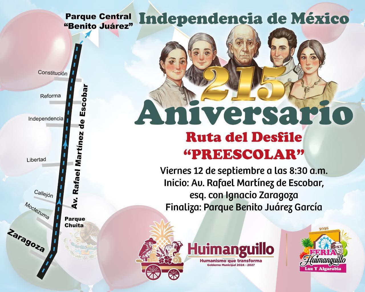 Ayuntamiento de Huimanguillo invita a la ciudadanía a disfrutar del desfile en el marco del 215 aniversario de la Independencia de México.