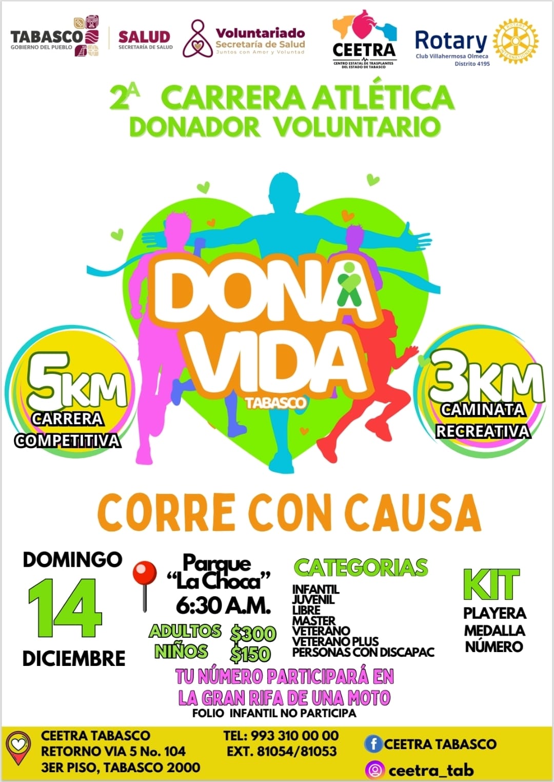 Realizarán Segunda Carrera Atlética y Caminata Recreativa Donador Voluntario “Dona Vida”, a beneficio del Hospitales de Alta Especialidad de Tabasco.