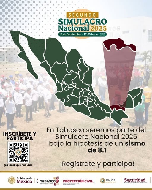 Listo Tabasco para participar en Segundo Simulacro Nacional, este viernes a las 12:00 horas.