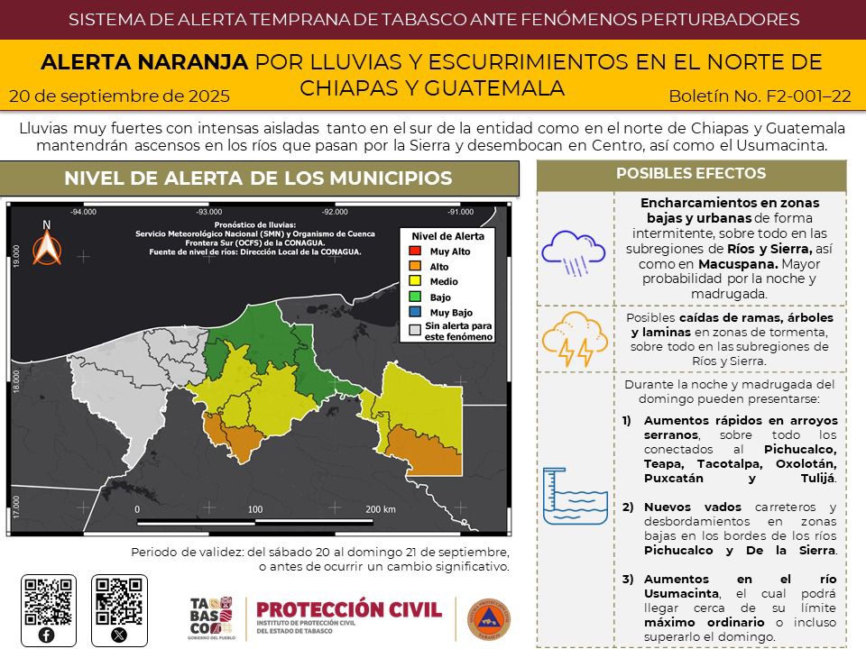 Emite IPCET alerta naranja por lluvias en Tabasco.