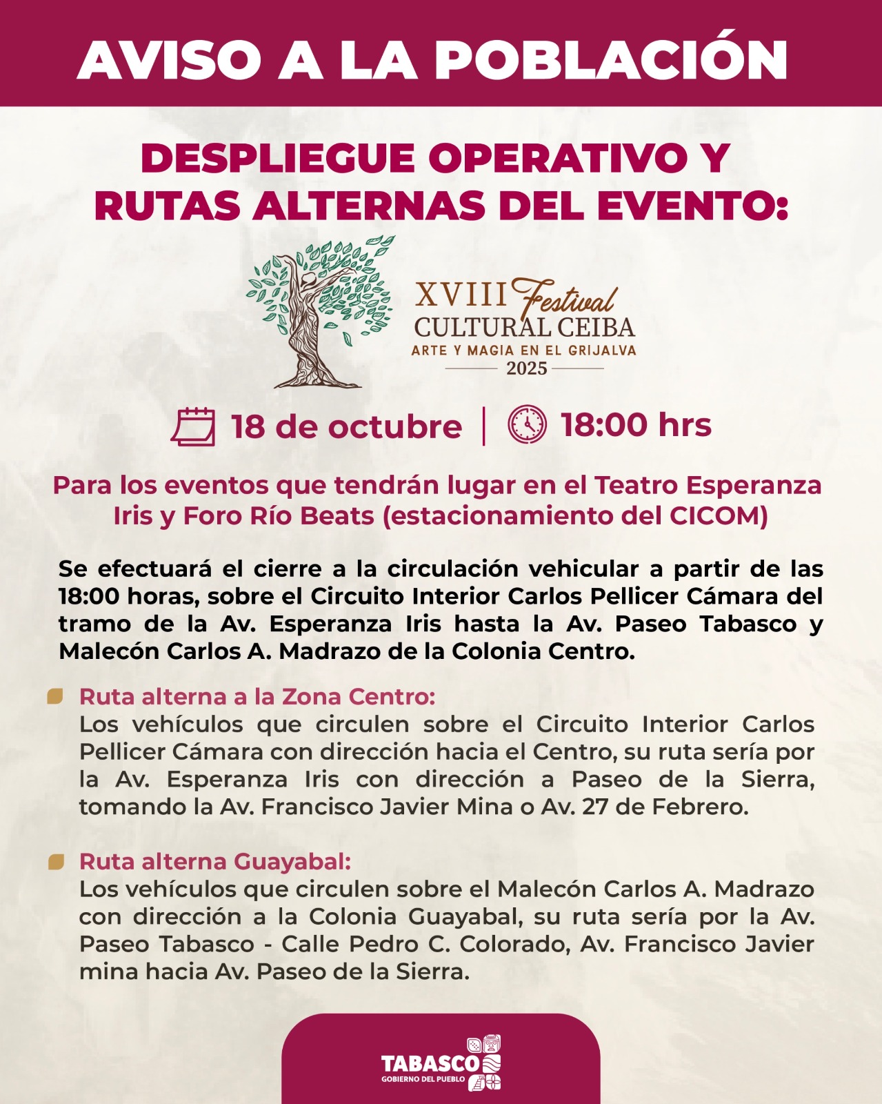 Listo operativo vial para que familias disfruten del Festival Cultural Ceiba; sábado 18 de octubre habrá cierre vehicular en tramo de Zona CICOM.