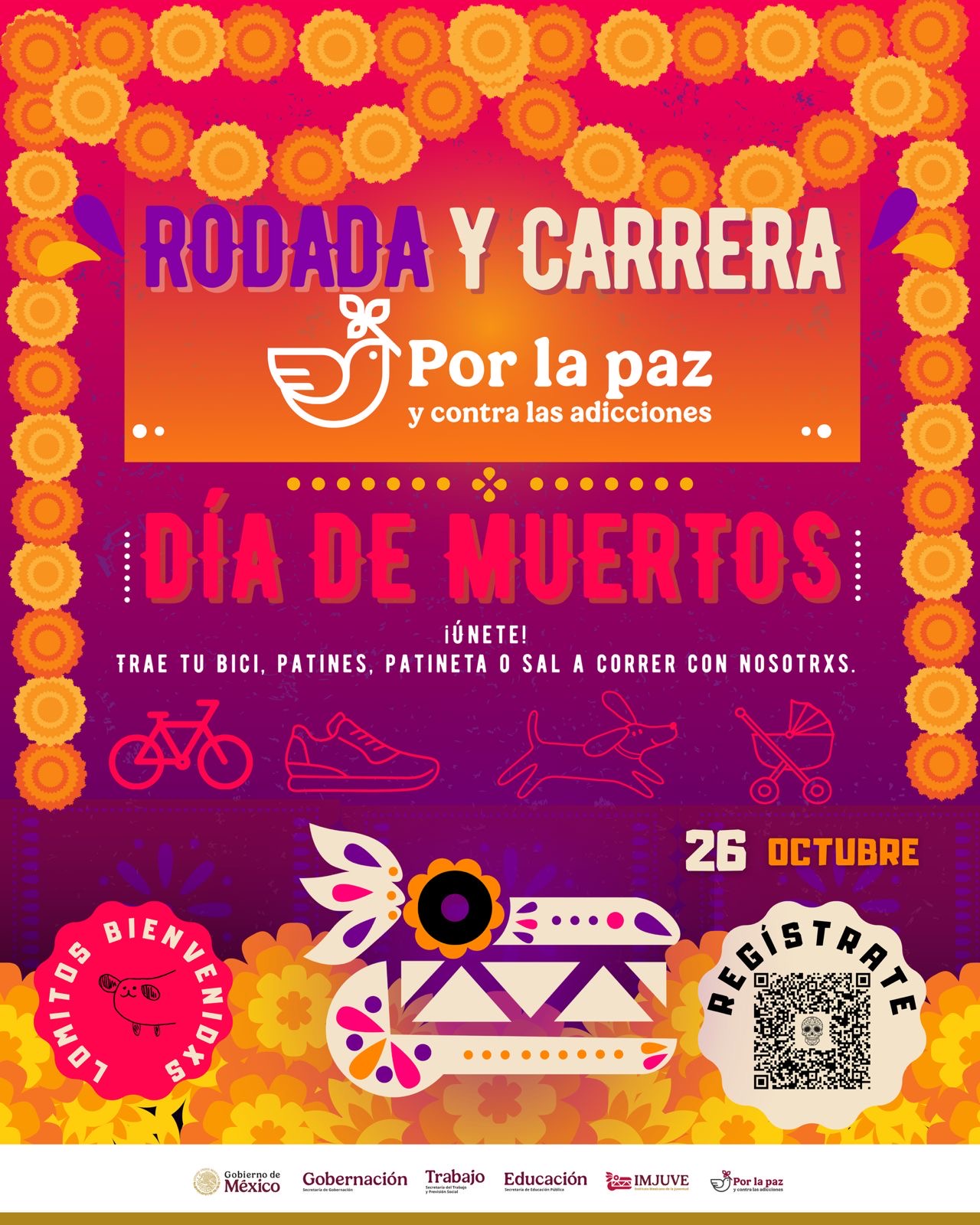 IMJUVE convoca a rodar y correr por la paz y contra las adicciones en una jornada nacional con temática de Día de Muertos.