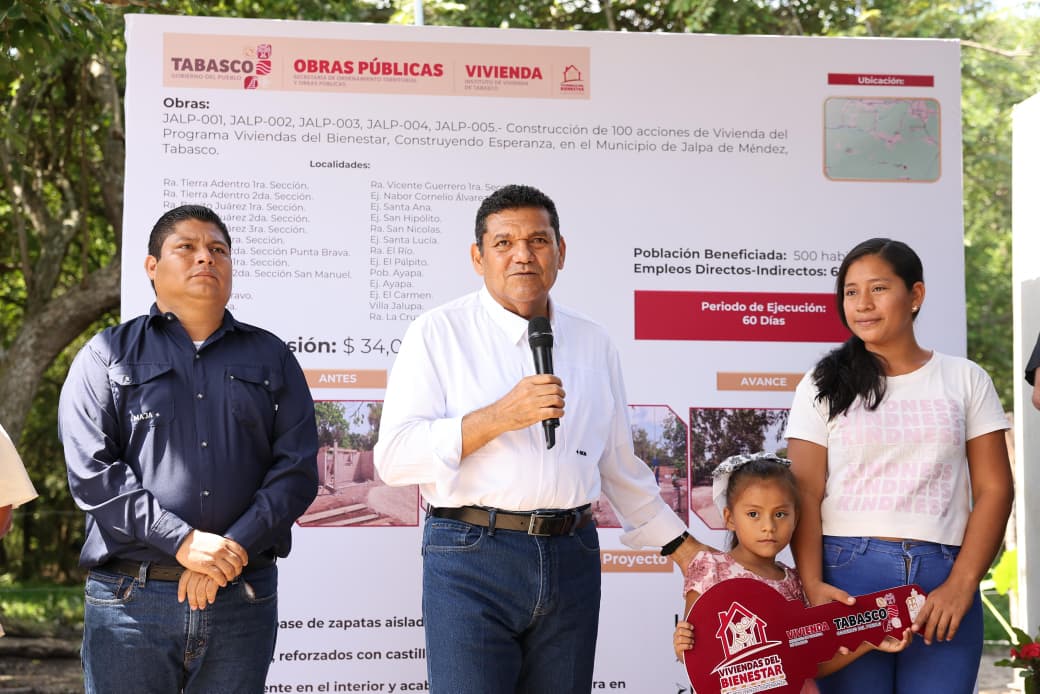 Cumple Gobierno del Estado con meta 2025 de Vivienda en Jalpa de Méndez; entrega Gobernador Javier May 100 acciones que mejoran condiciones de vida de familias jalpanecas.