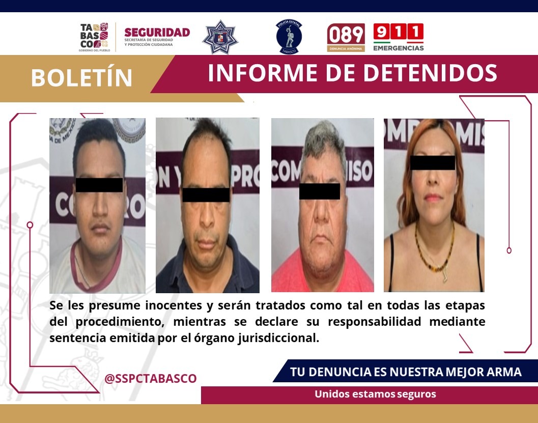 Detiene FIRT Olmeca a cuatro personas por delitos contra la Ley General de Salud y robo de vehículo.