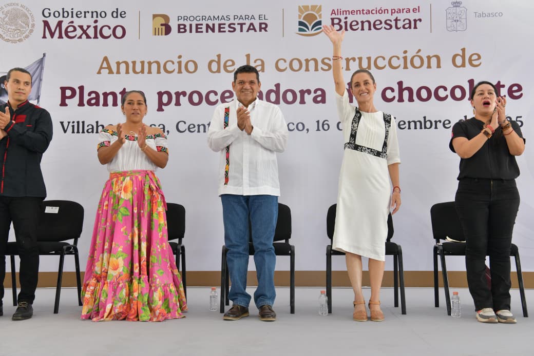 Anuncia Presidenta Sheinbaum construcción de planta procesadora de chocolate en Comalcalco.