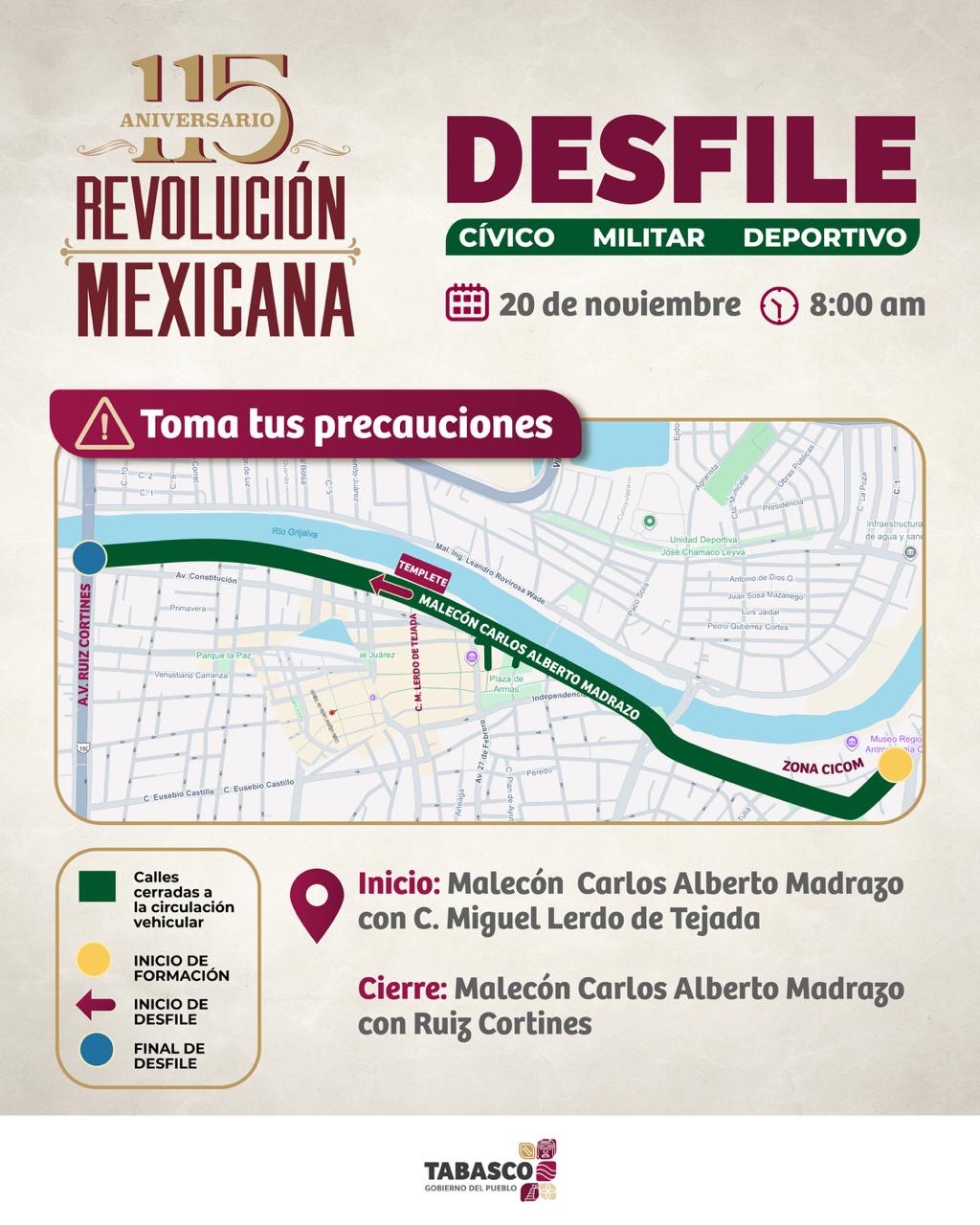 Por desfile Conmemorativo al CXV Aniversario de la Revolución Mexicana, PEC confirma cierre de algunas calles.