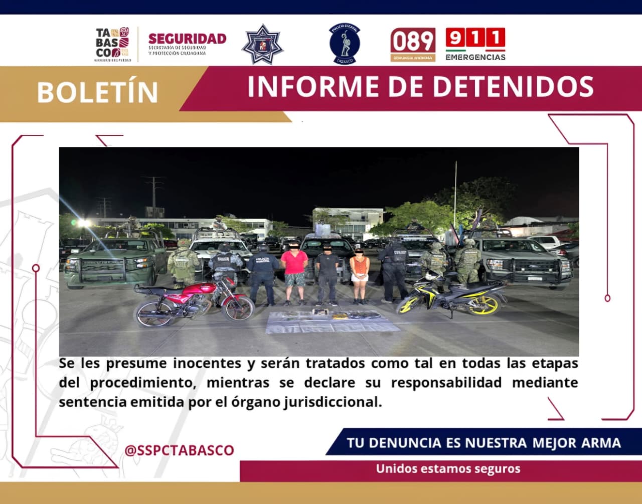 Aseguran fuerzas de seguridad a tres personas, presuntamente relacionadas con una célula delictiva en Cunduacán.
