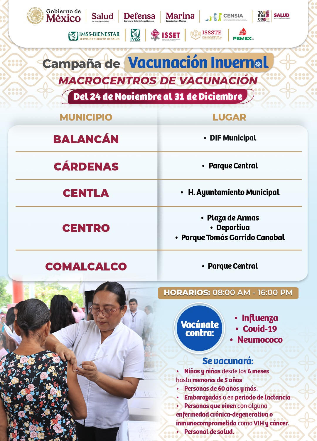Se fortalecen las acciones de vacunación en Tabasco con la apertura de Macrocentros en los 17 municipios.