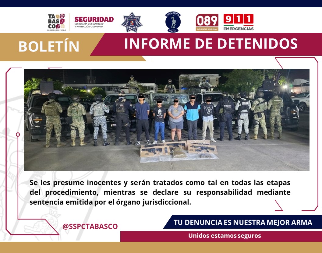 FIRT Olmeca realiza detención de cinco personas por delito contra la ley de salud y portación de arma de fuego.
