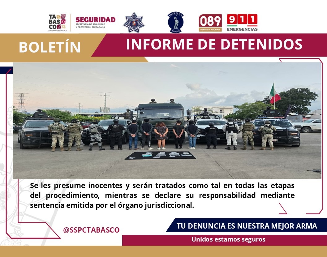 FIRT Olmeca detiene a cinco personas por presunto delito contra la salud en Cárdenas.