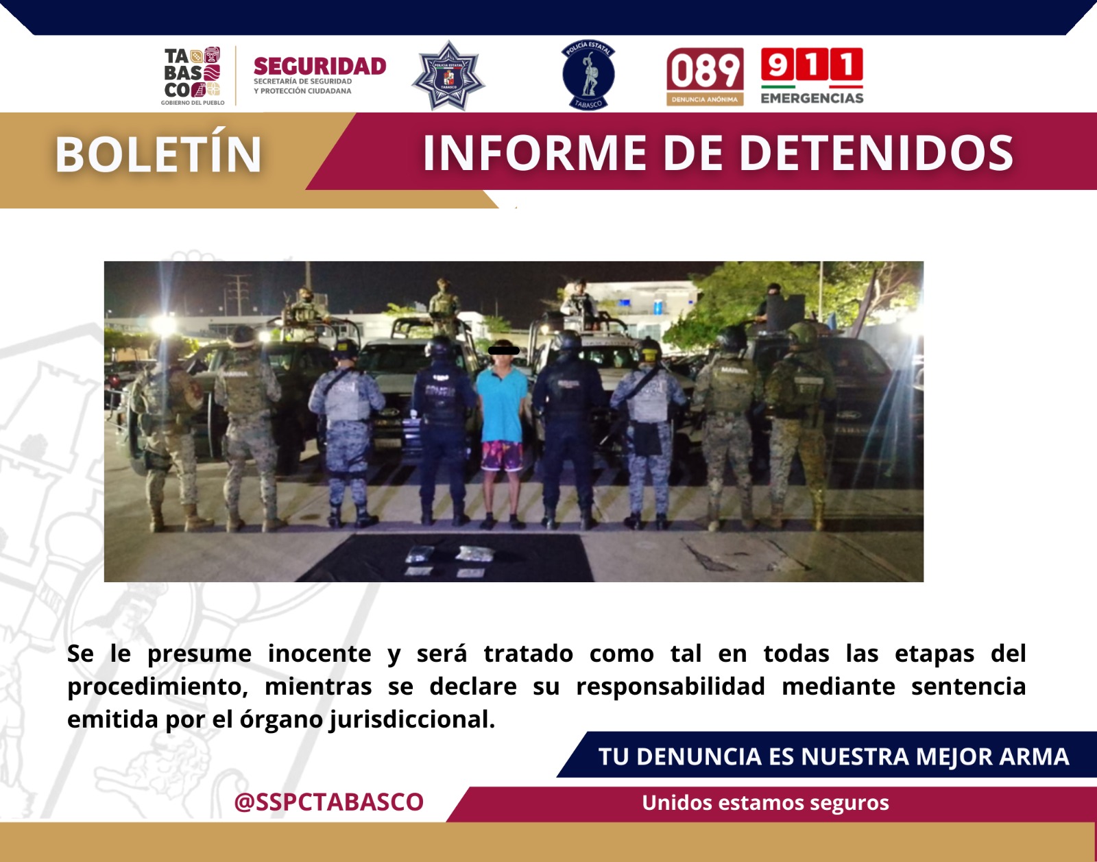 Detienen SSPC y FIRT Olmeca a un masculino por presunto delito contra la Ley General de Salud en Tamulté de las Barrancas.
