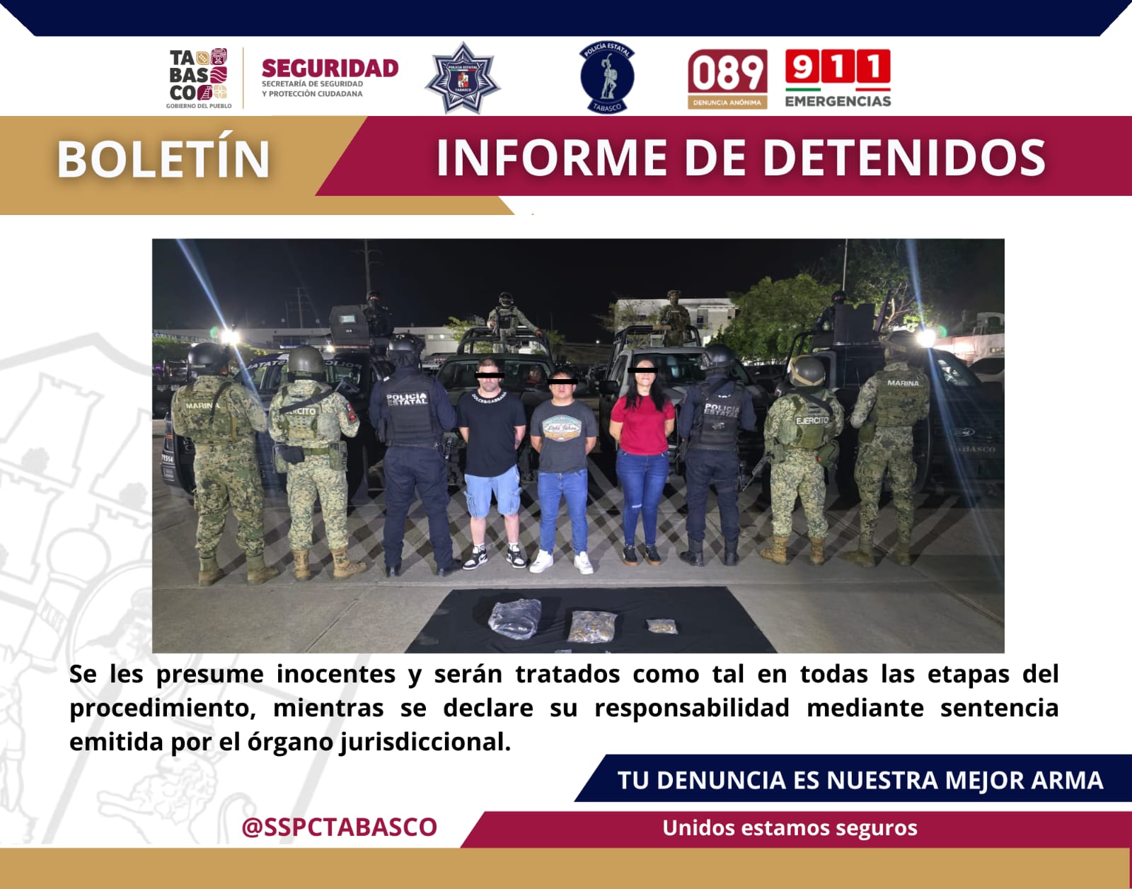Logra la SSPC y FIRT Olmeca la detención de 3 personas en el municipio de Centro con presuntas sustancias ilícitas.