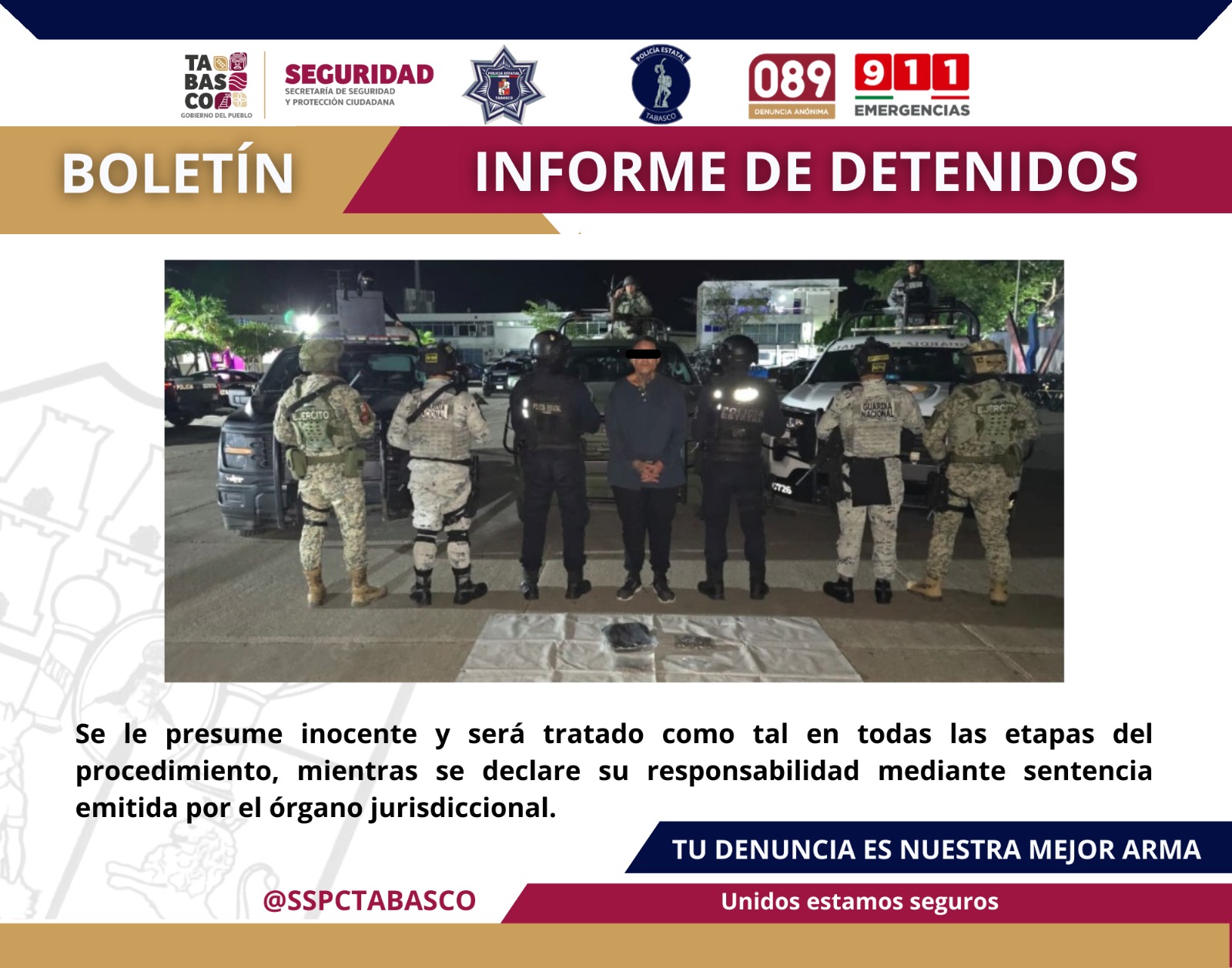 En operativo en Centro, detienen SSPC y FIRT Olmeca a un masculino por su probable participación en Delitos Contra la Salud.
