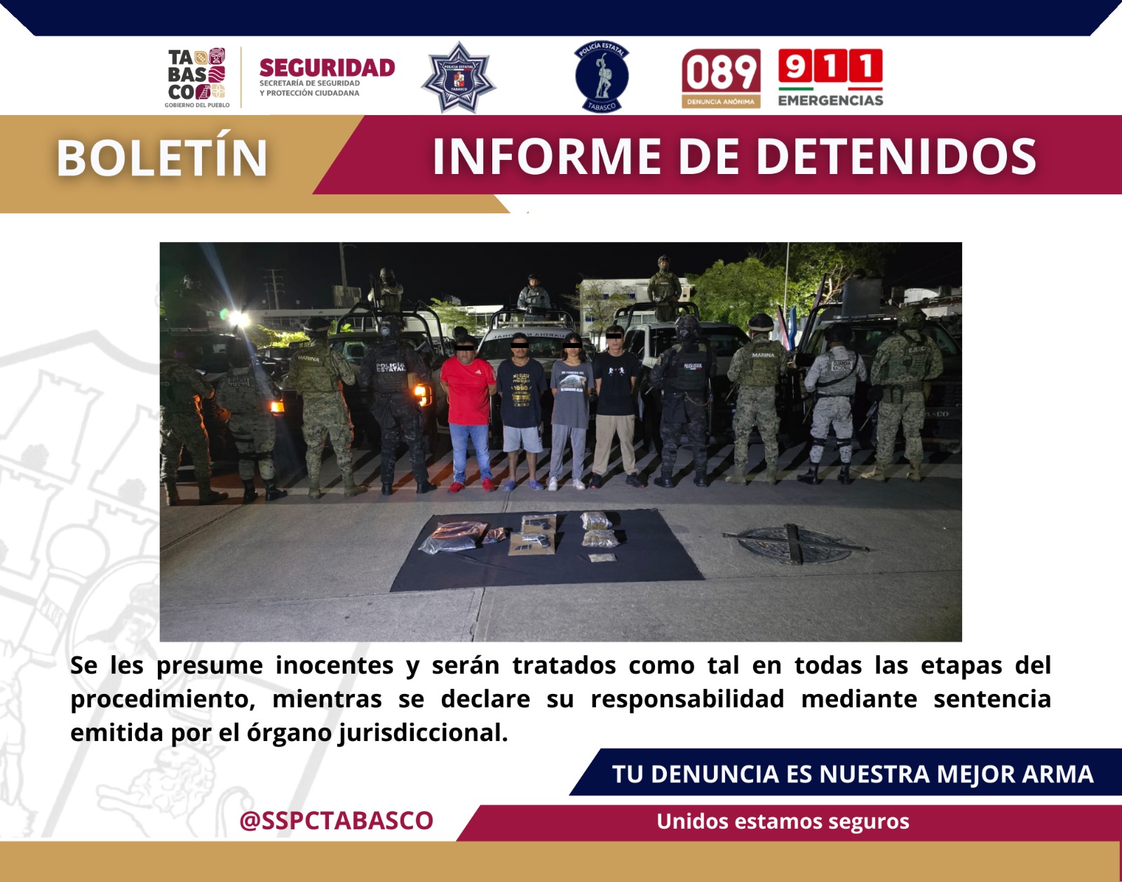 La SSPC y FIRT Olmeca aseguran a 4 personas por presuntos delitos contra la salud y violación a la Ley Federal de Armas de Fuego y Explosivos.