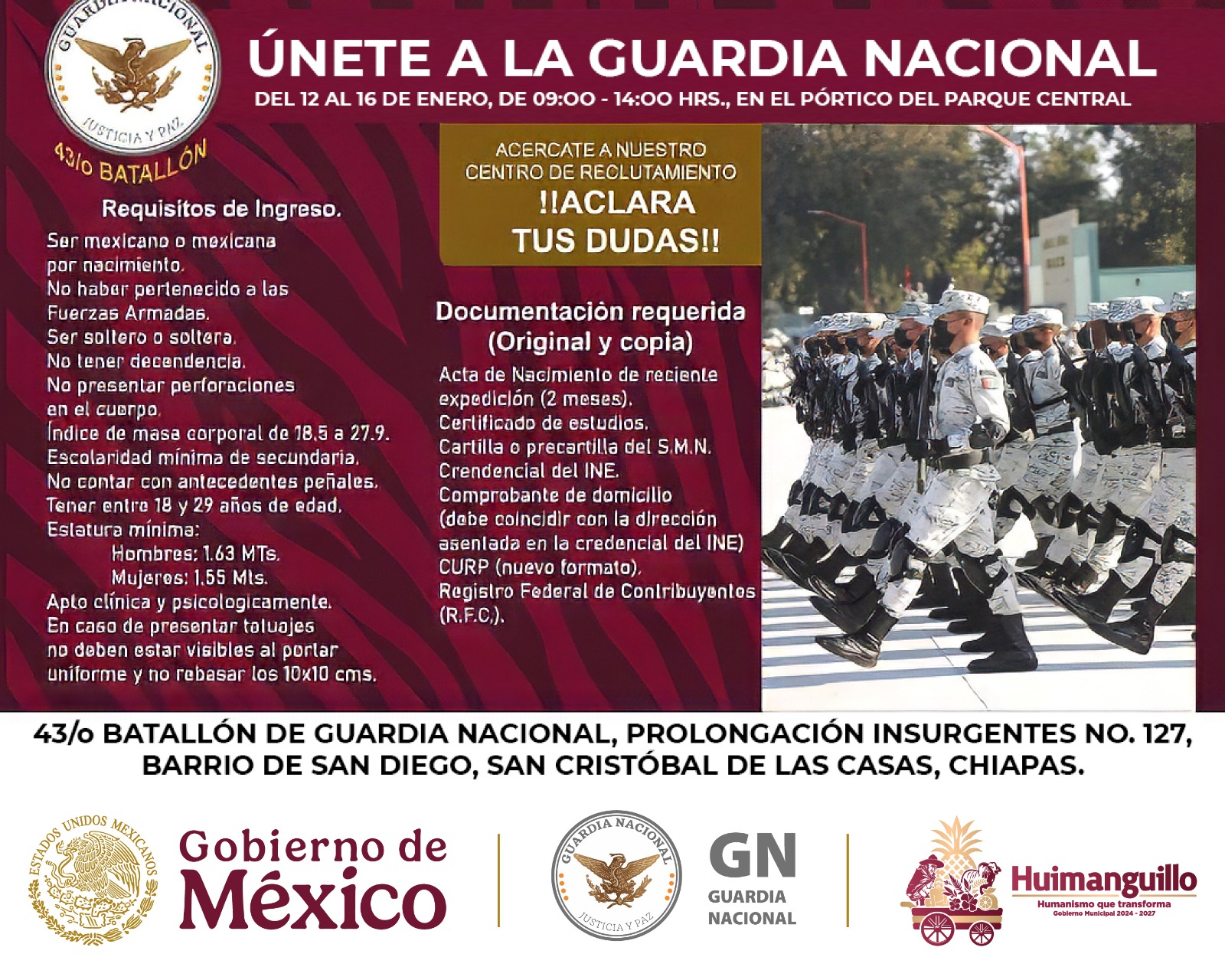 HUIMANGUILLO CONVOCA A JORNADAS DE RECLUTAMIENTO DE LA GUARDIA NACIONAL