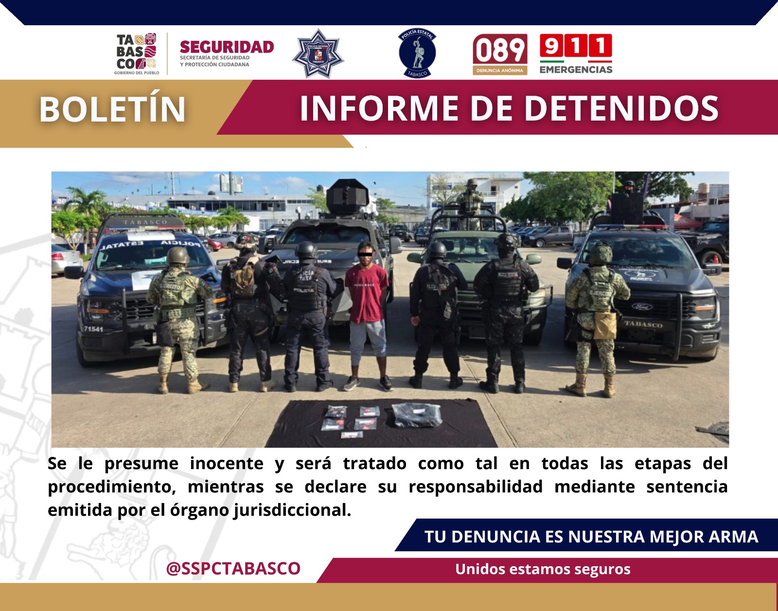 Aseguran SSPC y FIRT Olmeca a una persona por presuntos delitos contra la Ley General de Salud.