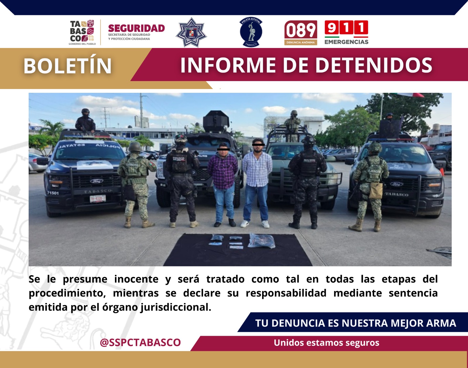 Aseguran SSPC y FIRT Olmeca a dos personas por presuntos delitos contra la Ley General de Salud.